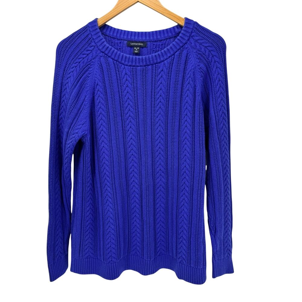 Lands End Sweater Womens XLp Petite XL Royal Blue Cable Knit Pullover‎ Coastal
